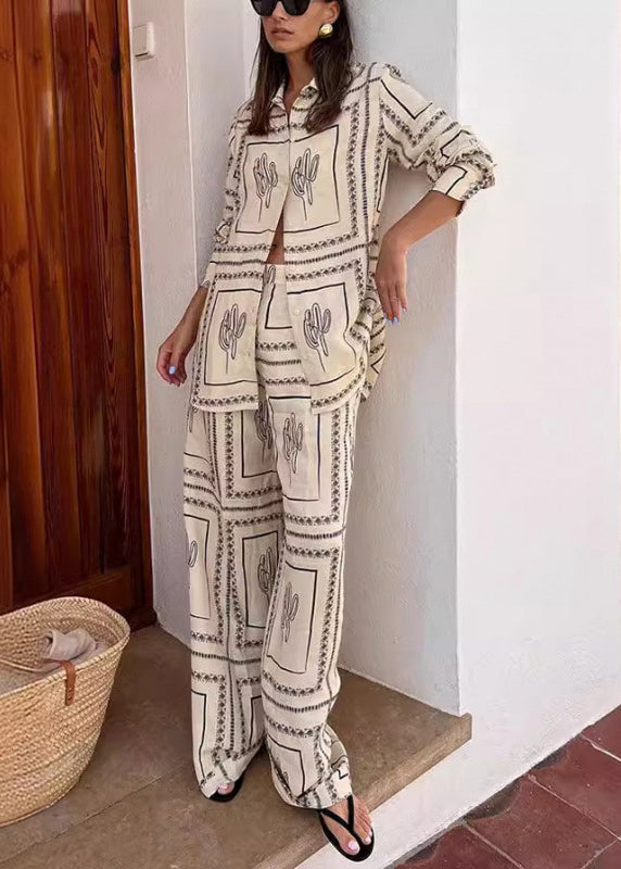 Shirts Pan Pants Leg Collar Print And White Wide Natural Peter FashionChic