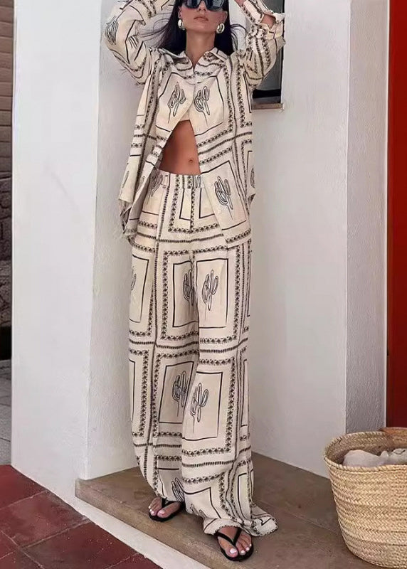 Shirts Pan Pants Leg Collar Print And White Wide Natural Peter FashionChic