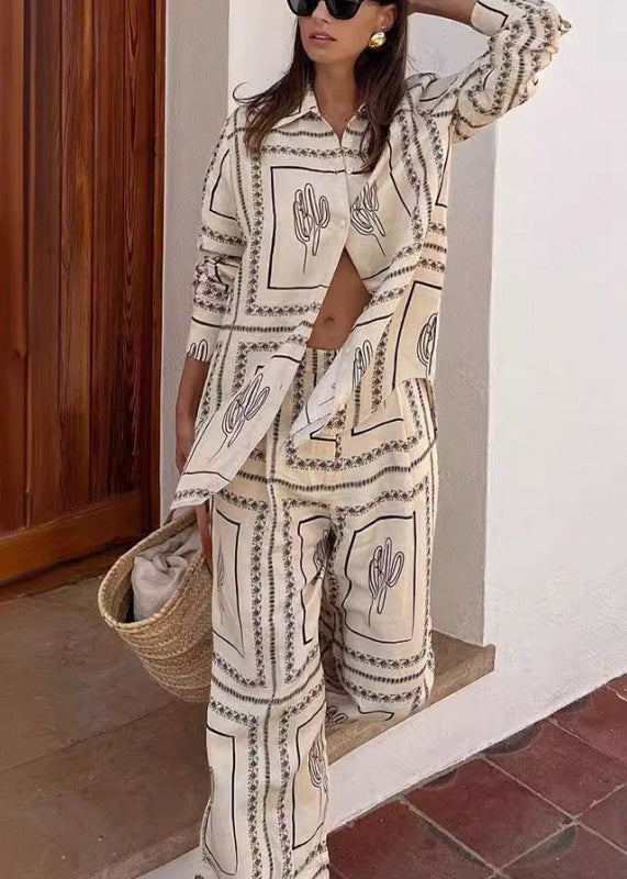 Shirts Pan Pants Leg Collar Print And White Wide Natural Peter FashionChic