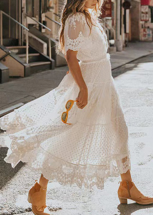 V Natural Jacquard Lace Summer Neck Robe Dresses White FashionChic
