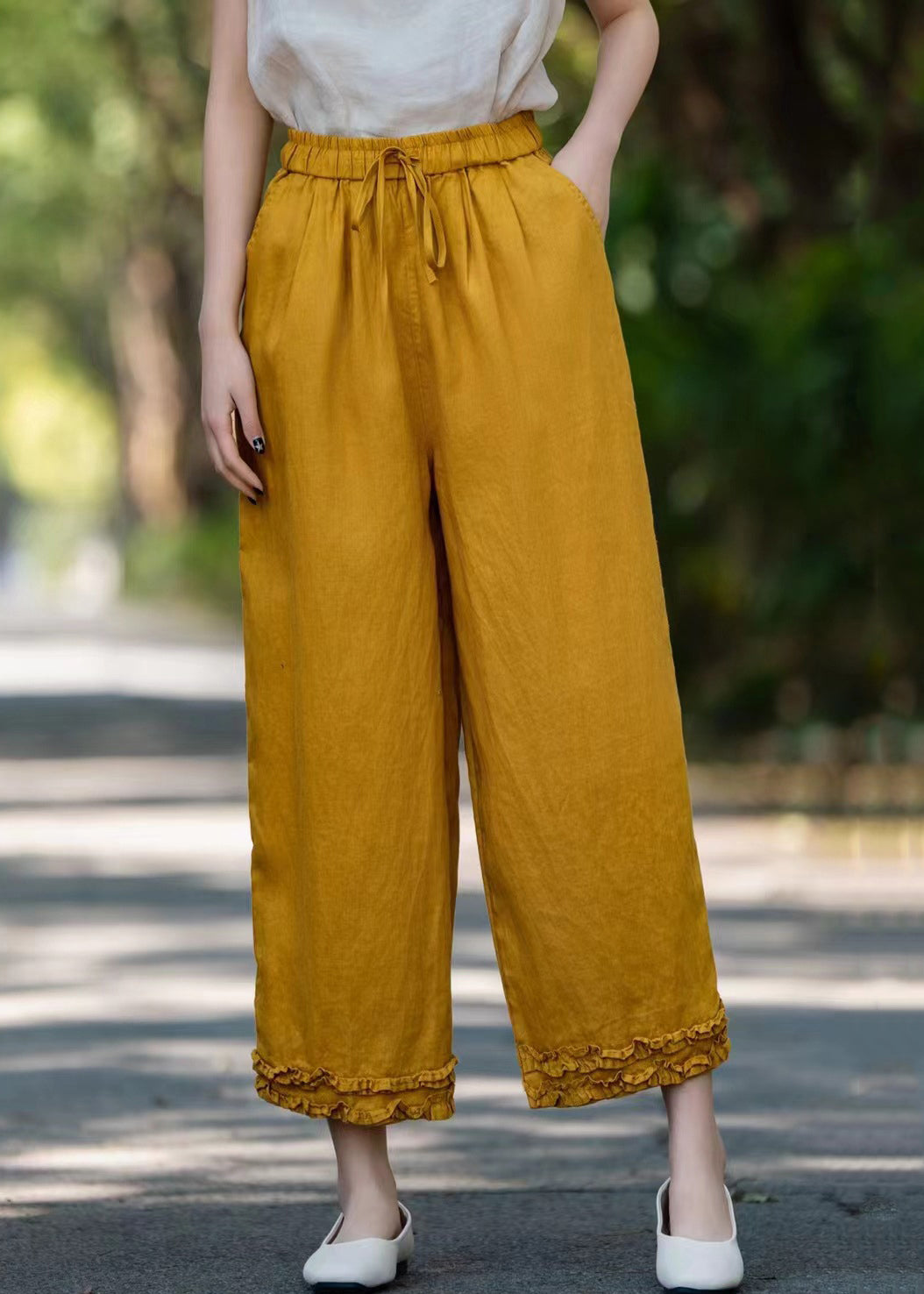 Elastic Linen Ruffled Pockets Waist Navy Crop Summer Pants FashionChic