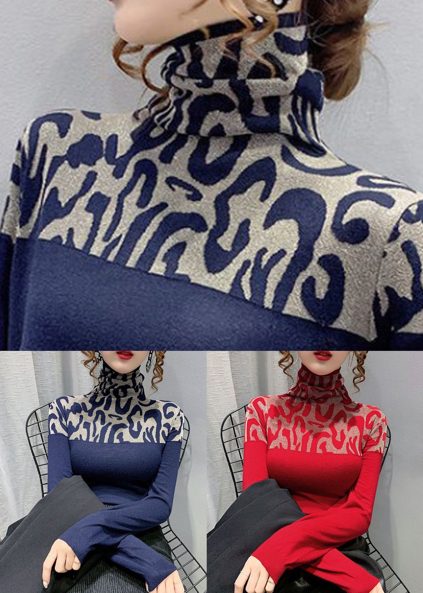 Spring Slim Cotton Navy Patchwork Top Fit Turtleneck FashionChic