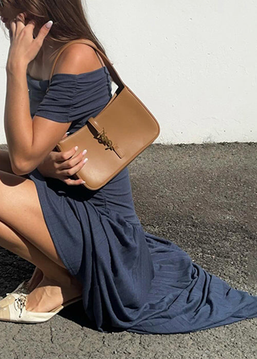 Navy Wrinkled Solid Long Dresses Slash Neck Summer YZ071 ABC