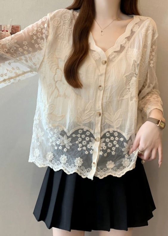 Cotton Embroidered Button Sleeve New Bracelet Shirts Apricot FashionChic