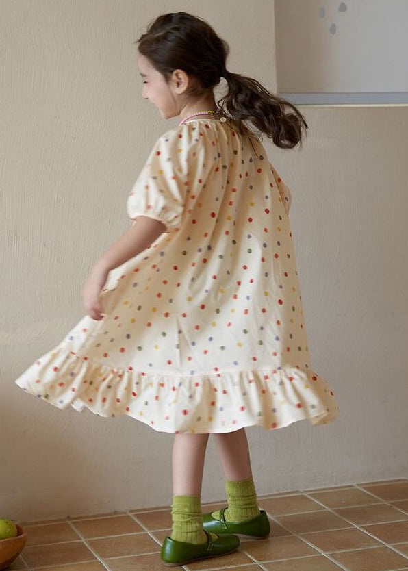 New Apricot O Neck Print Cotton Girls Long Dresses Summer EW040 WS-RCTZSDGL240809