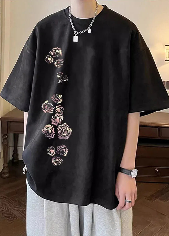 T Apricot Suede Shirt Faux Half Sleeve O Neck Mens Cozy Print New FashionChic