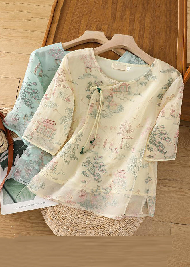 Apricot Tulle Sleeve Half Blouses Open Print New Side FashionChic