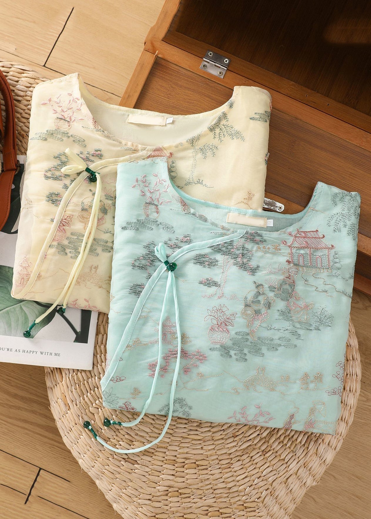 Apricot Tulle Sleeve Half Blouses Open Print New Side FashionChic
