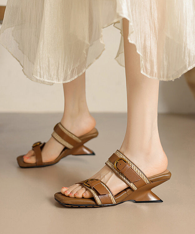 Woven New Wedge Sheepskin Slippers Heel Apricot FashionChic
