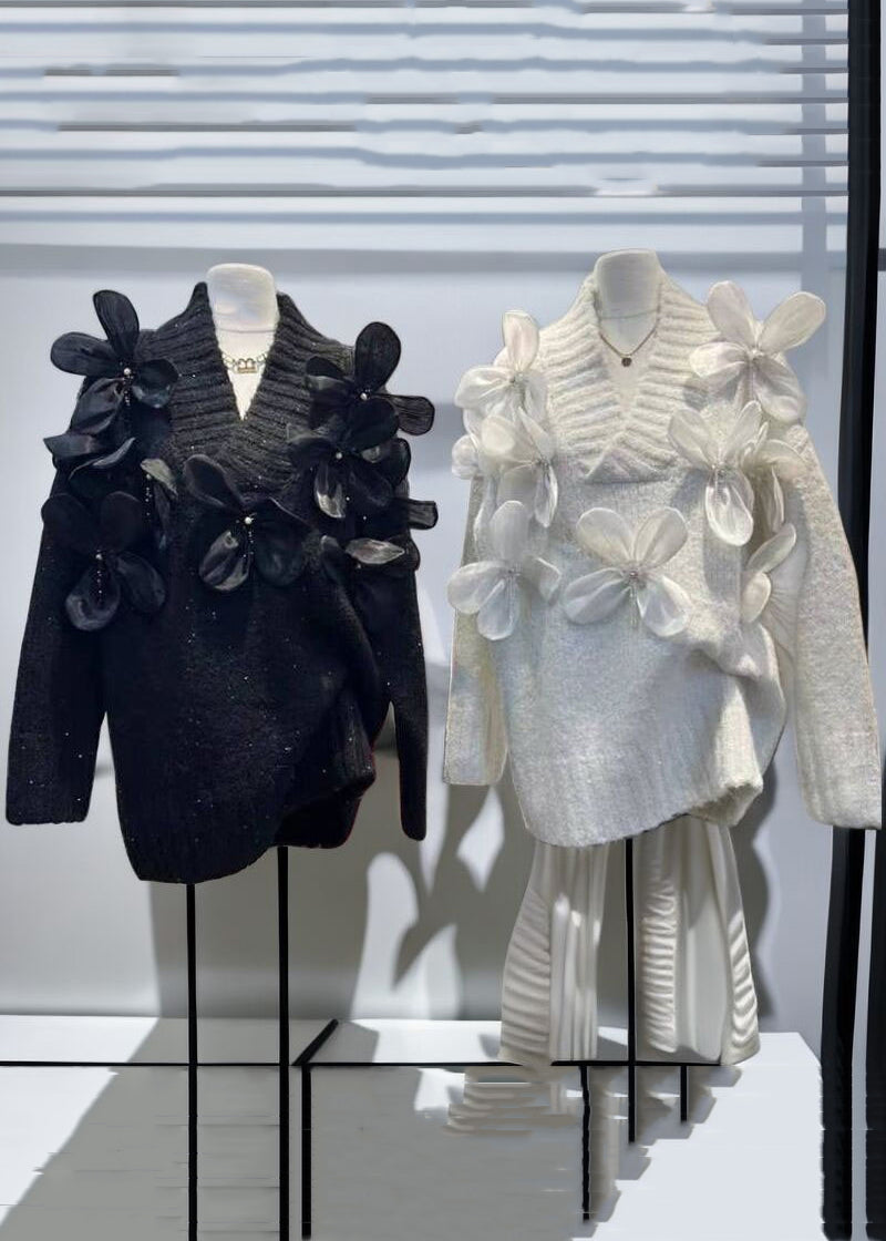 New Apricot V Neck Floral Patchwork Knit Sweaters Winter WK027 OM-SW241119