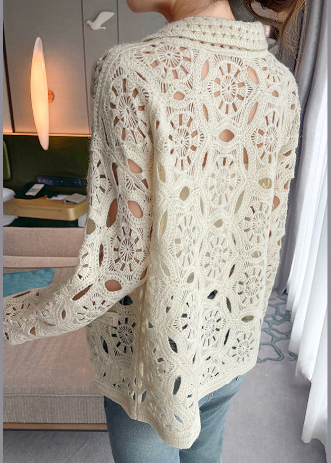 New Beige Hollow Out Button Knit Cardigan Fall WQ037 OL-NCT241031