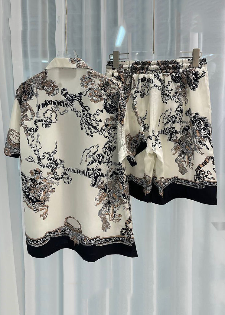 New Beige Print Elastic Waist Ice Silk Mens Two Piece Set Short Sleeve HG070 Men-Silk-MENTS240725