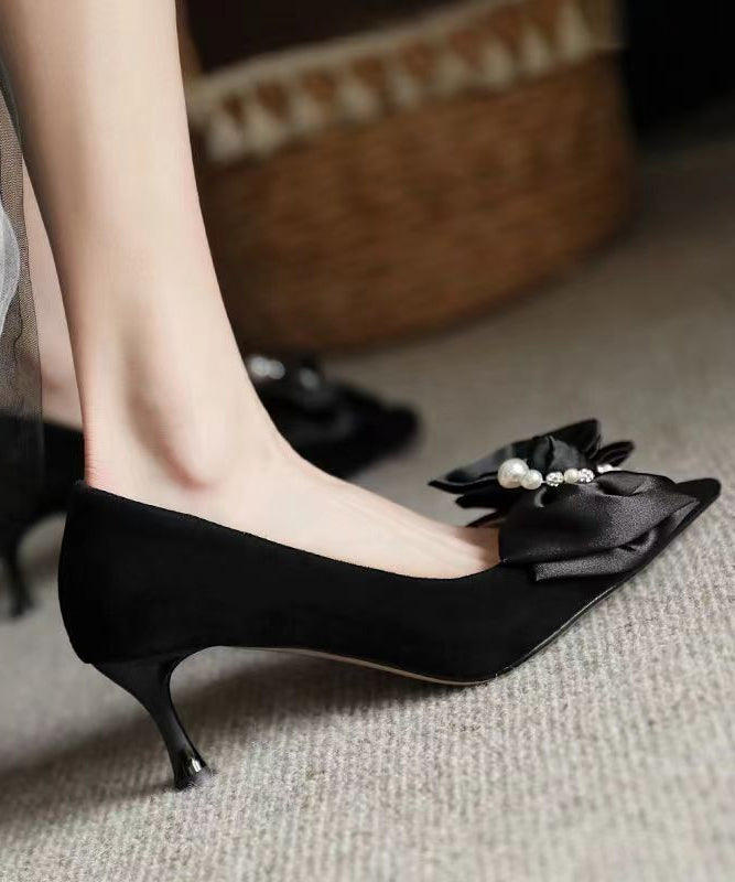 New Black Classy Beaded Bow Suede High Heels OI031 shoe-GGX240801