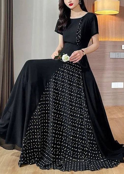 Summer O Long Black Dot Dresses Patchwork Neck Chiffon New FashionChic