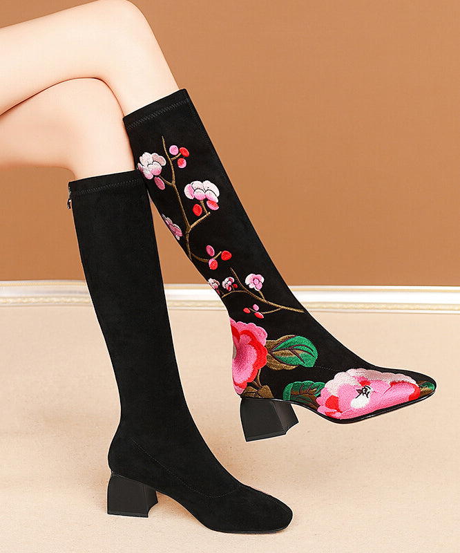 New Black Embroidered Suede Chunky Knee Boots RT1064 Ada Fashion