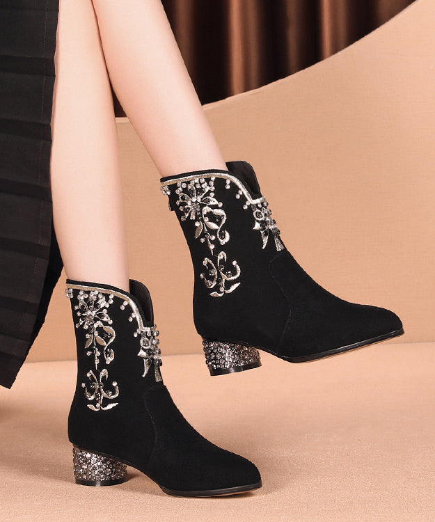 New Black Embroidered Zircon Splicing Suede Chunky Boots RT1083 Ada Fashion