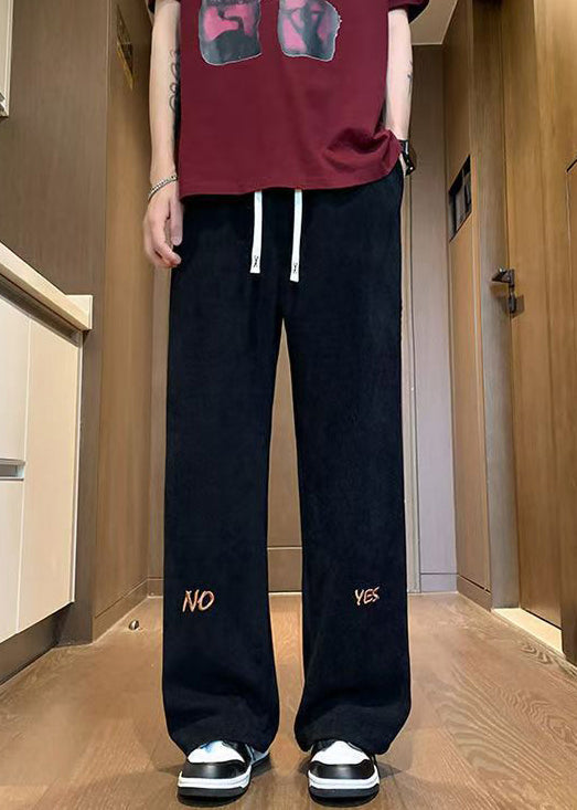 New Black Embroideried Elastic Waist Corduroy Men Wide Leg Pants Fall WA049 MENP241110