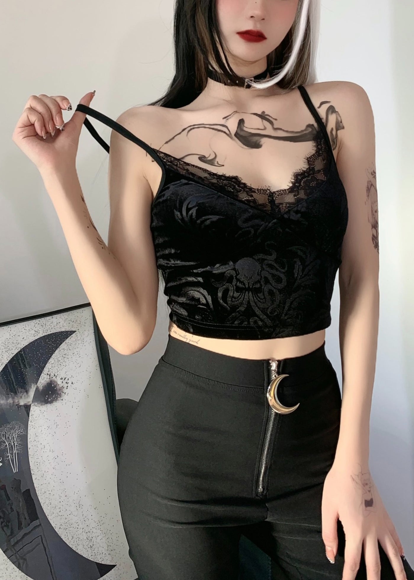 New Black Lace Backless Silk Velour Beach Spaghetti Strap Vest Sleeveless YT030 ABC