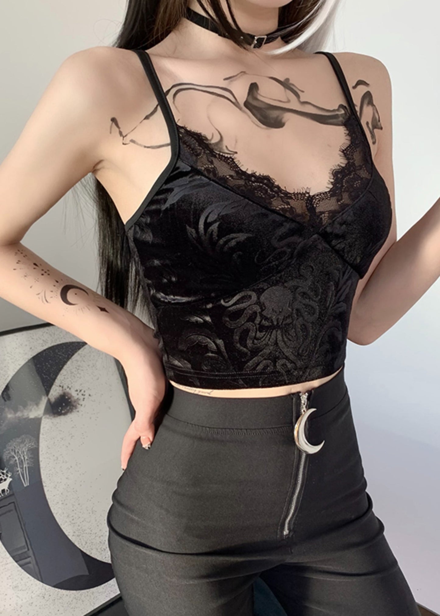 New Black Lace Backless Silk Velour Beach Spaghetti Strap Vest Sleeveless YT030 ABC