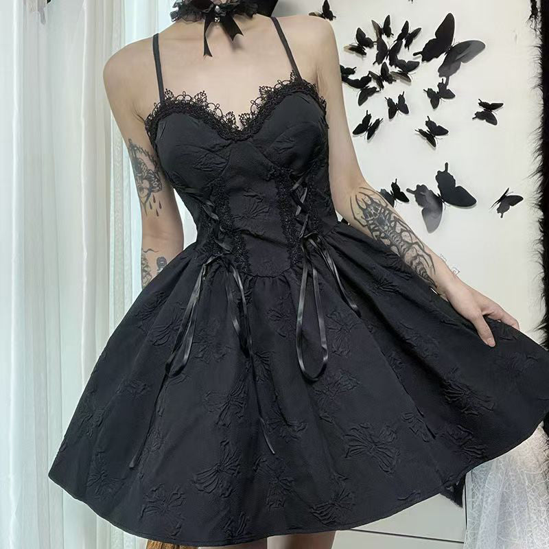 New Black Lace High Waist Patchwork Cotton Mid Dress Sleeveless YT031 ABC