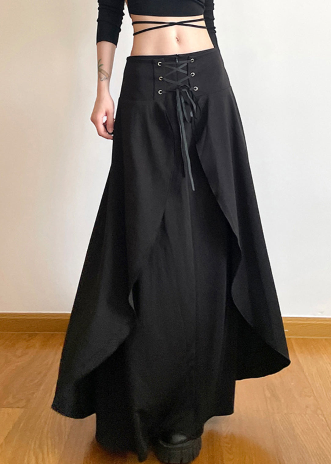 New Black Lace Up Solid High Waist Cotton Skirts Summer PP008 OM-NZ240827