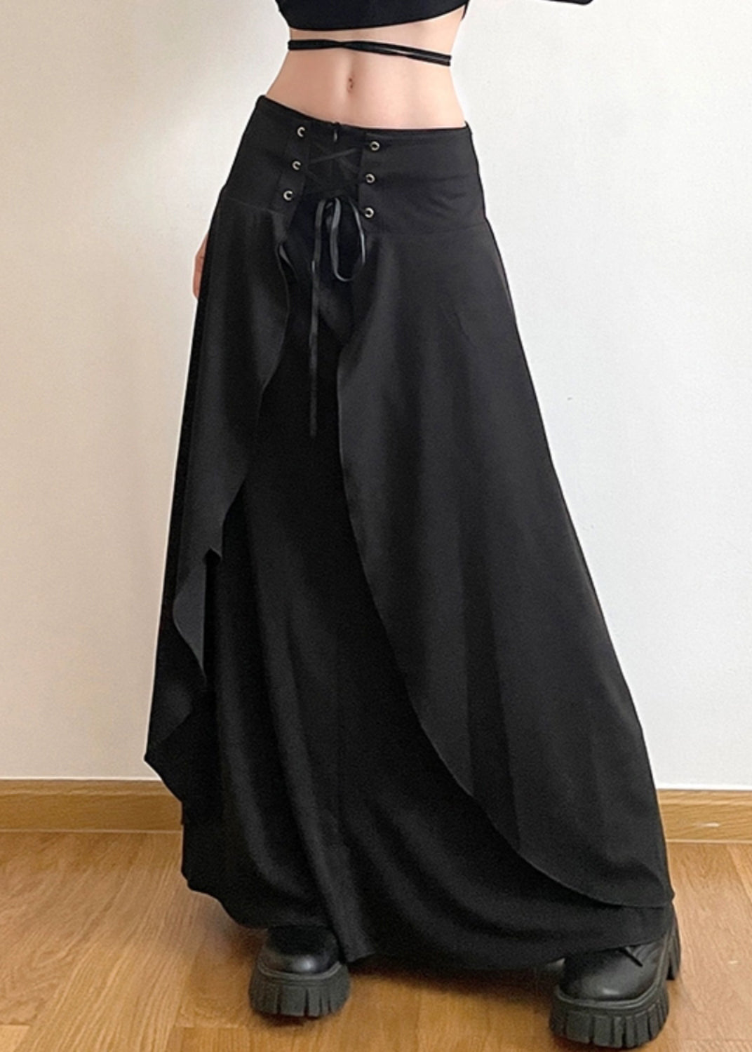 New Black Lace Up Solid High Waist Cotton Skirts Summer PP008 OM-NZ240827