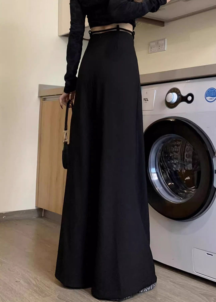 New Black Lace Up Solid High Waist Spandex Wide Leg Pants Fall PP033 OM-NZ240827