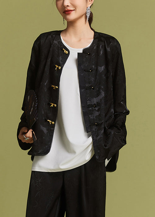 New Black O-Neck Button Side Open Silk Coat AC1017 Genistyle Shop