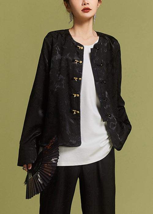 New Black O-Neck Button Side Open Silk Coat AC1017 Genistyle Shop