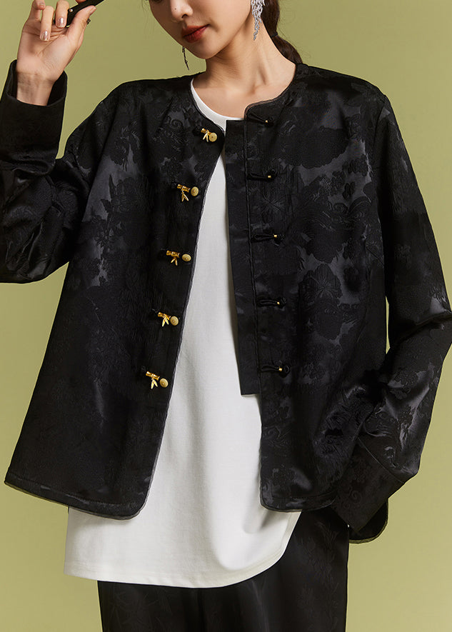 New Black O-Neck Button Side Open Silk Coat AC1017 Genistyle Shop