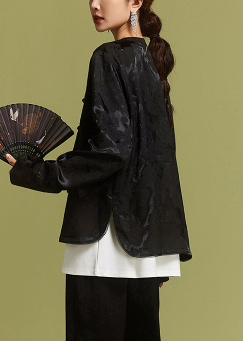 New Black O-Neck Button Side Open Silk Coat AC1017 Genistyle Shop