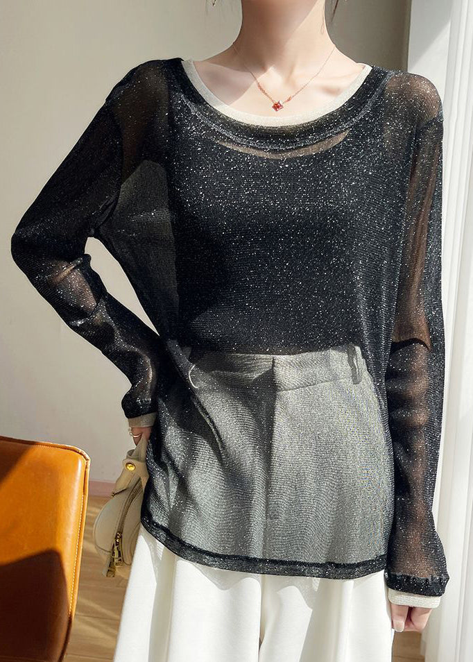Shirts Summer T Black New Patchwork O Neck Tulle Thin FashionChic