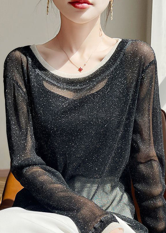 Shirts Summer T Black New Patchwork O Neck Tulle Thin FashionChic