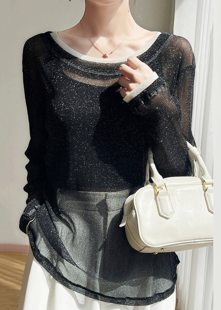 Shirts Summer T Black New Patchwork O Neck Tulle Thin FashionChic