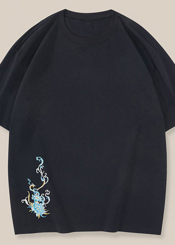 New Oriental Summer Shirt Cotton Black T Embroideried Mens FashionChic