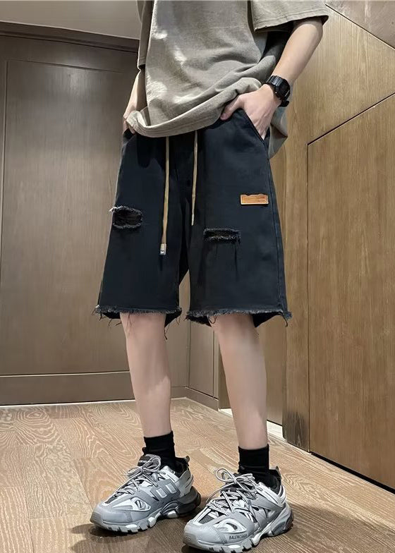 New Black Pockets Drawstring Denim Men Ripped Jeans Summer YL023 ABC