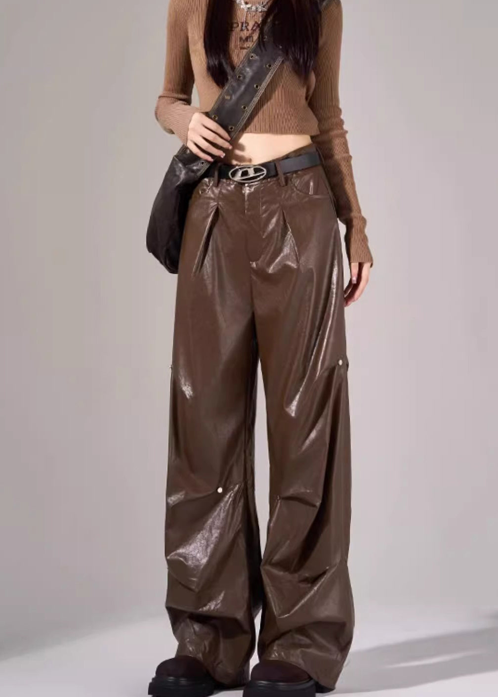 New Black Pockets Wrinkled High Waist Faux Leather Pants Fall WP051 NZ-LPTS241107