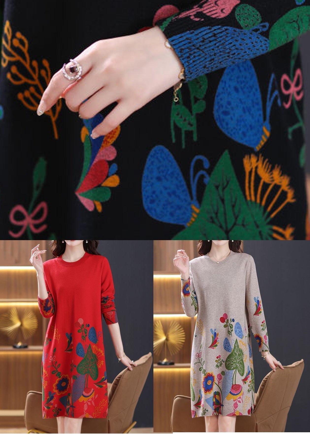 New Black Print Side Open Wool Knit Dress Long Sleeve TB002