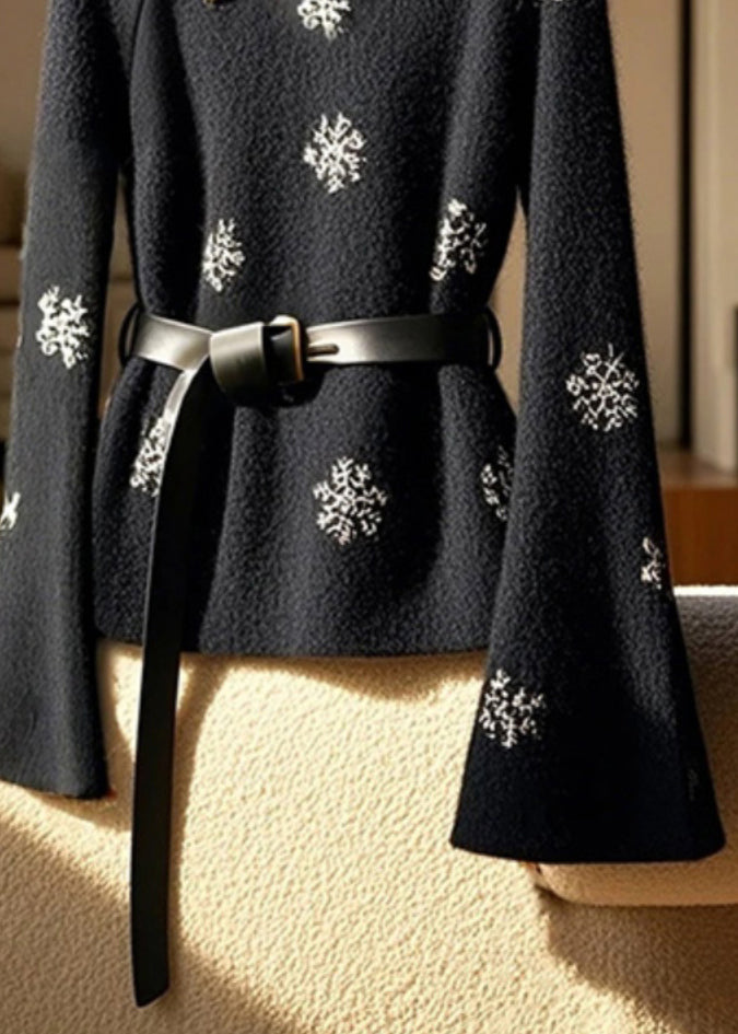 New Black Stand Collar Print Button Cotton Top Flare Sleeve TY006