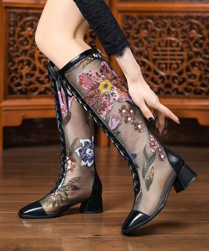 New Black Tulle Splicing Sequin Embroidered Cross Strap Chunky Heel Boots CZ1010 Ada Fashion