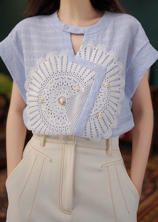 Blue Cotton Shirt Asymmetrical Out New Summer Hollow FashionChic