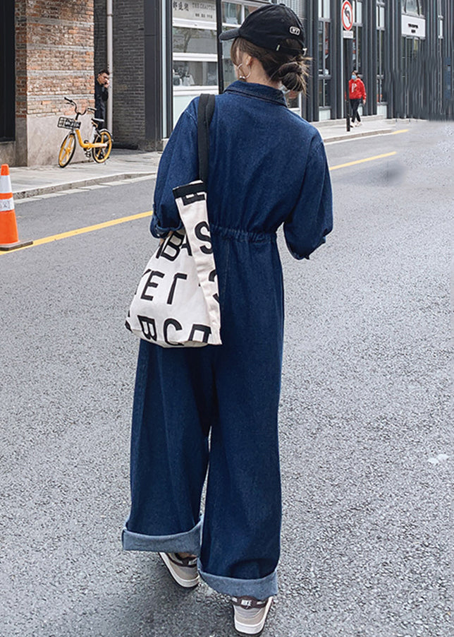 New Blue Button Lace Up Pockets Denim Jumpsuit Long Sleeve MN046 MMDM-JPTS240704