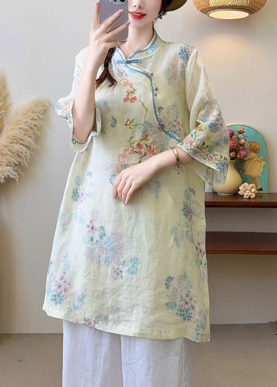 New Blue Embroidered Chinese Button Linen Blouses Half Sleeve JH016 MMDM-HTP240717