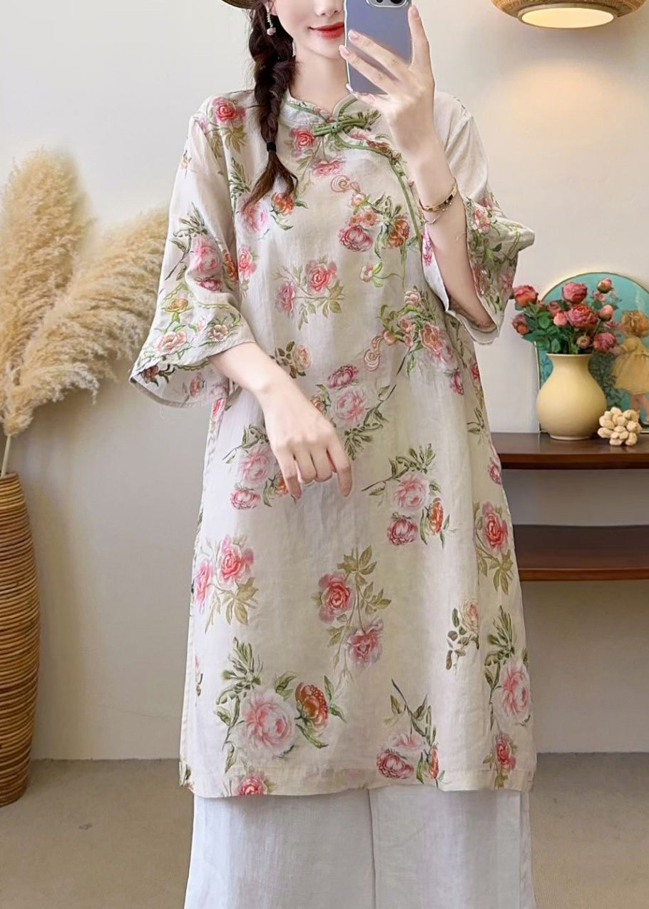 New Blue Embroidered Chinese Button Linen Blouses Half Sleeve JH016 MMDM-HTP240717