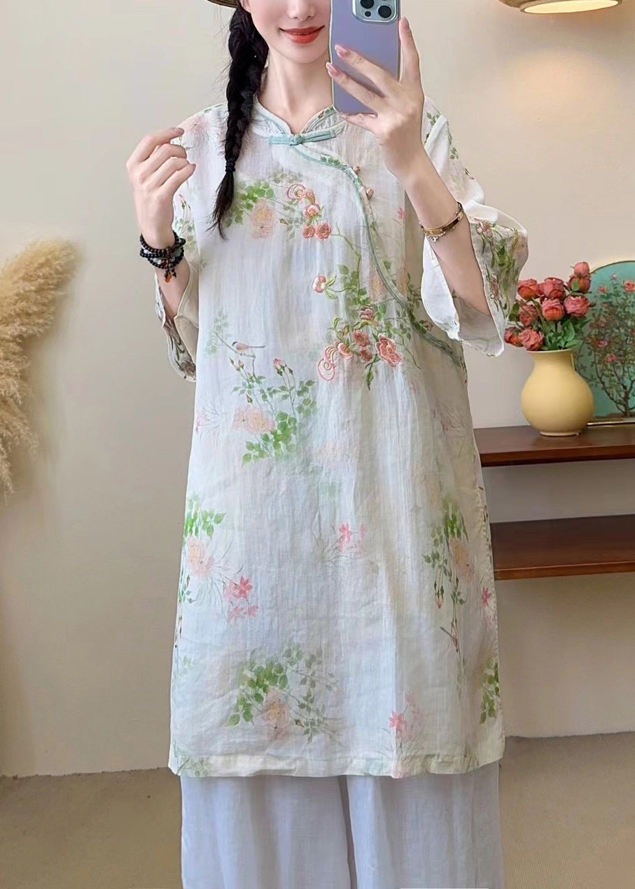 New Blue Embroidered Chinese Button Linen Blouses Half Sleeve JH016 MMDM-HTP240717