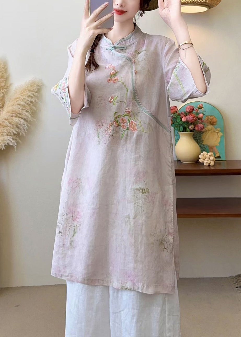 New Blue Embroidered Chinese Button Linen Blouses Half Sleeve JH016 MMDM-HTP240717