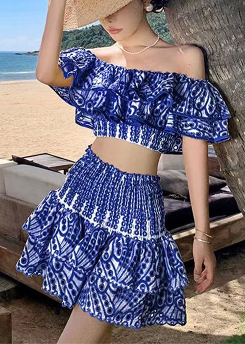 New Blue Hollow Out Tops And Skirts Cotton Two Piece Set Short Sleeve EE1048 SH-LF-TPIEC240517