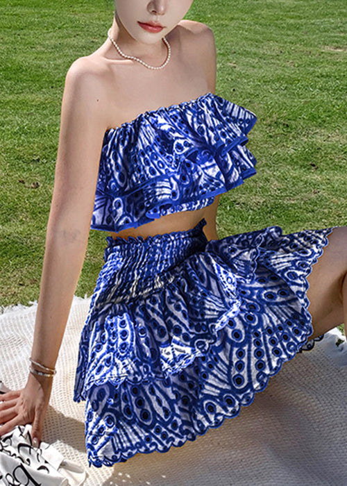 New Blue Hollow Out Tops And Skirts Cotton Two Piece Set Short Sleeve EE1048 SH-LF-TPIEC240517