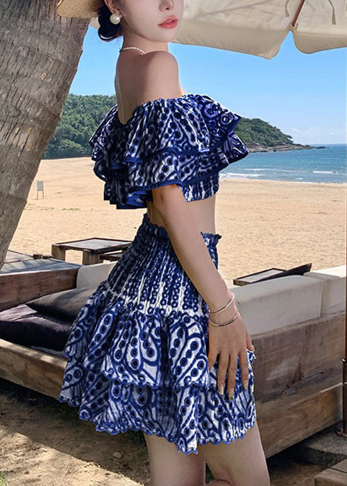 New Blue Hollow Out Tops And Skirts Cotton Two Piece Set Short Sleeve EE1048 SH-LF-TPIEC240517