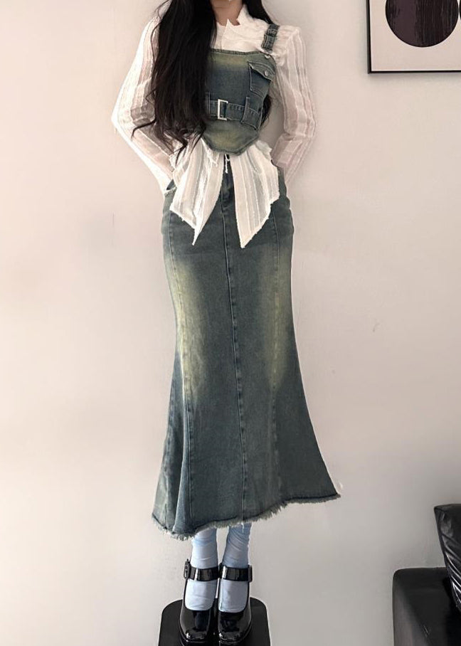 New Blue Lace Up Pockets Denim Sets 3 Pieces Long Sleeve XX046 SH-LF-TPIEC240611
